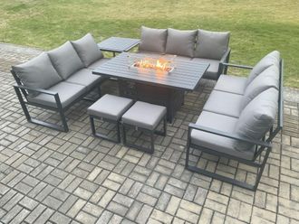 Fimous Aluminium 11 Seater Garden Furniture Outdoor Set Patio Lounge Sofa Gas Fire Pit Dining Table Set with 2 Small Footstools Side Table