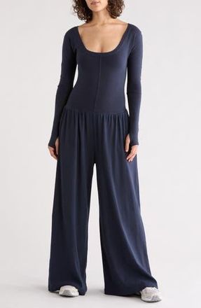 Free People FP Movement Hot Shot Wide Leg Long Sleeve Jumpsuit in Blue/Navy at Nordstrom Rack, Size Large
