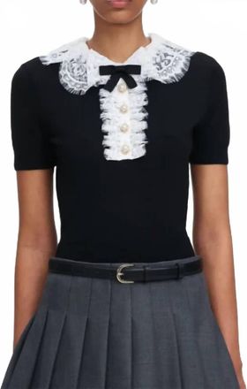 Self Portrait Knit Lace Collar Top In Black