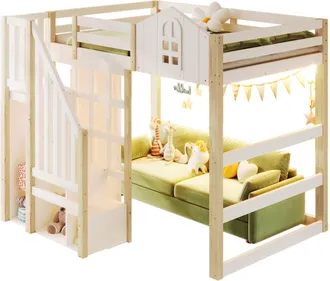 STILVORA Cama Alta 140 X 200 Cm Con Led, Escalera De Almacenamiento Y Cortina, Sin Colch&oacute;n, De Pino, Blanco Y Natural