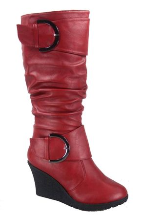 Top Moda TOP Moda Pure-65 Womens Fashion Round Toe Slouch Buckle Wedge Mid Calf Boot Shoes, Red, 5.5 UK