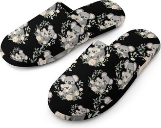 Generic Koala Mama And Little Flannel Mens Slip-on Slippers Winter Warm House Shoes with Rubber Sole for Home Hotel