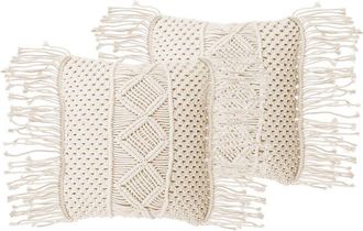 Beliani Conjunto De Cojines Decorativos De Algod&oacute;n Macram&eacute; Beige 40 X 45 Cm Con Borlas Cuerda Decoraci&oacute;n Boho Retro Yortan