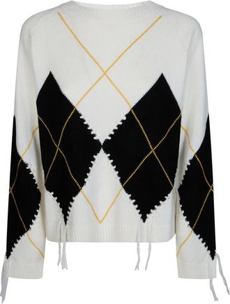 Pinko Berna Pullover Argyle Traforato - Dames - Ronde hals truien - Wit - M - Wol - Truien & Vesten