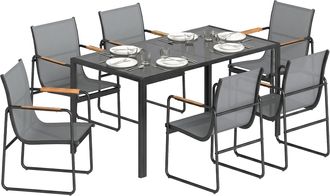 OUTSUNNY Conjunto De Mesa Y Sillas Jard&iacute;n De 7 Piezas Con Mesa De Vidrio Templado, 6 Sillas Transpirables Decorativas, Marco De Acero, Gris