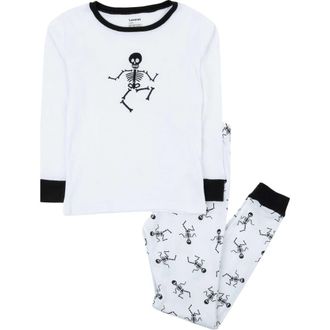 Leveret Kids Two-Piece Cotton Halloween Matching Family Pajamas, Fun Prints in White Skeleton at Nordstrom, Size 10