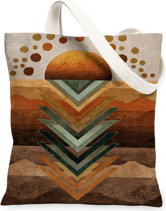Generic Retro Sunset Canvas Tote Bags, Artistic Geometric Design Reusable Grocery Bags, Lightweight Washable Shoulder Strap Canvas, Brown, 13x15 Inch