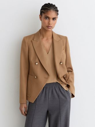 Reiss Camel Petite Wool-blend Double-breasted Blazer, 16