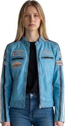 Infinity Leather Womens Biker Racing Badges Blue Leather Jacket-Incheon