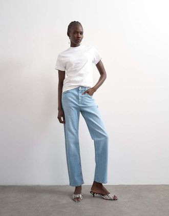 Topshop Orson - Jeans dritti comfort a vita medio alta candeggiato chiaro-Blu