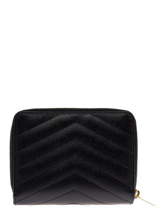 Saint Laurent Womens Wallet With Cassandre Plate, Black Leather Calf
