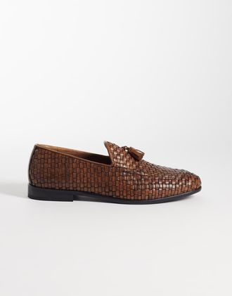 Asos Mocassini slim in pelle marrone intrecciata con nappe