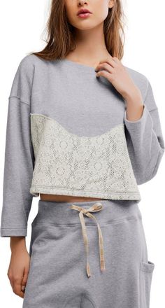Free People Sunday Best Lace-Trim Pajama Lounge Set in Heather Grey at Nordstrom, Size X-Small
