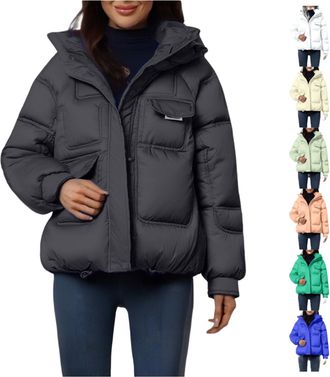 Generic Winter Jackets for Women UK Black Zipped Hooded Coats Cropped Fluffy Puffer Jacket Warm Quilted Padded Overcoat with Straight Pockets