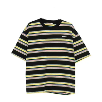 Marni Tops, Heren, Veelkleurig, M, Katoen, Gestreemd T-shirt met logoprint van katoen