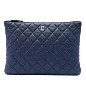 Chanel Pre-owned Vintage Quilted Caviar Leather Clutch - Dames - Pre-owned - Blauw - Maat: ONE Size Leer