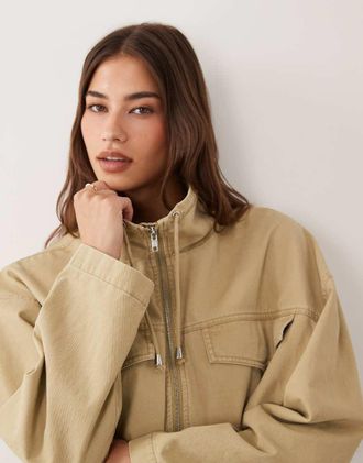 Asos Giacca in denim leggera color pietra con collo a imbuto-Marrone