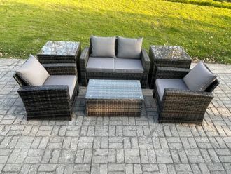 Fimous Outdoor Lounge Sofa Set PE Rattan Garden Furniture Set with Coffee Table Double Seat Sofa in Dark Grey