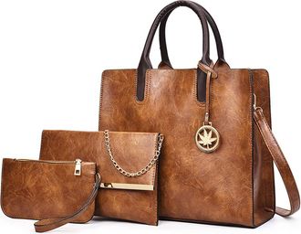 Generic Women Large Satchel Handbag Leather Crossbody Tote Ladies Shoulder Bag Top Handle Purses with Clutch 3PCS Set (Brown)