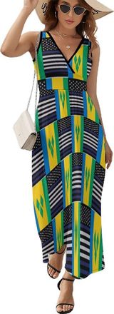 Generic US and Saint Vincent and The Grenadines Flag Casual Sleeveless Dresses for Women V Neck Sexy Maxi Sundresses Summer Vacation XL