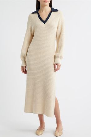 French Connection Mozart Contrast Collar Long Sleeve Midi Sweater Dress in 11-Ecru-Marine at Nordstrom, Size X-Small