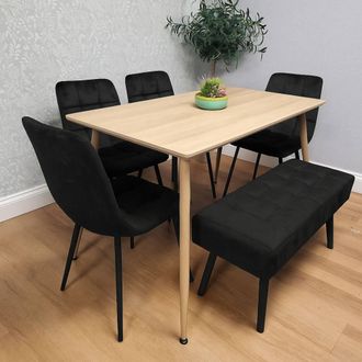 Kosy Koala Wooden Dining Table Set With 4 Black Velvet Chairs & 1 Bench Set