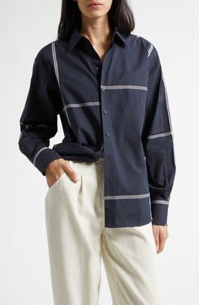 BOSS Saturday Asymmetric Check Cotton Button-Up Shirt in Sky Captain at Nordstrom, Size 2