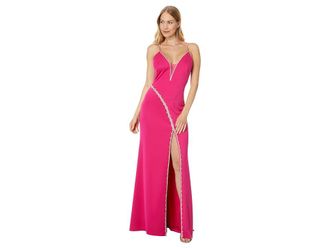 Betsy & Adam Long Jersey Spaghetti Strap Rhinestone Womens Dress Hot Pink : 2, Polyester/Spandex