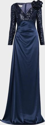 Teri Jon Draped Sequin Satin Gown
