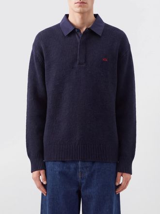 Loewe Long-Sleeved Wool Knit Polo with Ribbed Collar and Cuffs