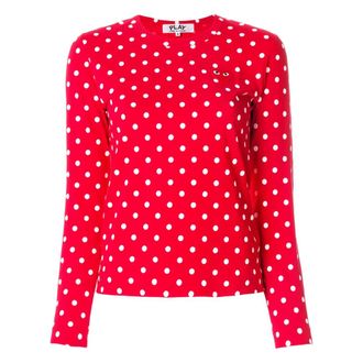 Comme Des Gar&ccedil;ons Tops, Dames, Rood, M, Katoen, Polka Dot Heart Logo T-Shirt