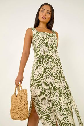 Roman Leaf Print Button Midi Dress