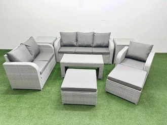 Fimous Patio PE Wicker 8 Seater Outdoor Rattan Furniture Sofa Sets w/ Oblong Coffee Table Reclining Chair Loveseat Sofa 3 Seater Sofa 2 Big