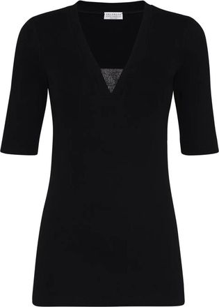 Brunello Cucinelli Stretch Cotton Ribbed Jersey Top With Precious Insert Clothing