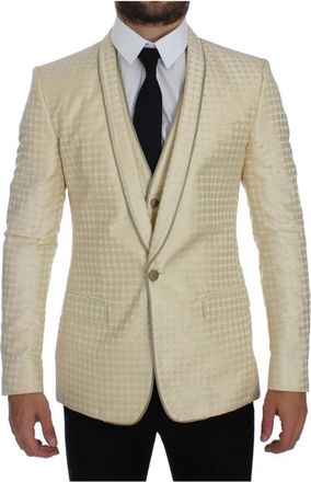 Dolce & Gabbana Beige Polka Dotted Slim Fit Blazer - Heren - Blazers - Beige - XS - Polyester - Jassen