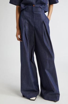 Lafayette 148 New York Warren Inverted Pleat Wide Leg Jeans in Indigo at Nordstrom, Size 10