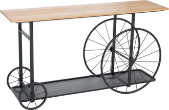 Hhg [nunca Usado] Mesita Auxiliar Hhg-983, Mesita Para Tel&eacute;fono, De Madera Industrial Retro Con Neum&aacute;tico, 81 X 150 X 40 Cm, Madera Natural Y Metal Negro