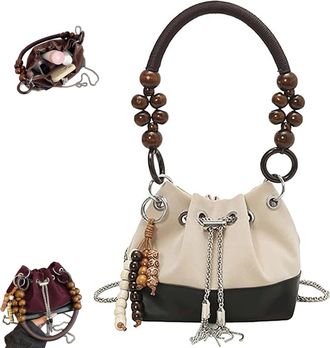 Generic Suede Beaded Drawstring Bucket Bag, Vintage with Chain Strap Crossbody Handbag, Trendy Versatile Lightweight (White)
