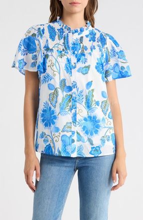 Sugarlips Aamian Floral Romy Mock Neck Cotton Top in White-Blue-Green at Nordstrom, Size X-Large