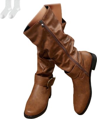 Generic Womens Knee-High Boots with Buckle, Riding Boots in A Leather Look with A Low Heel And Side Zipper, Long Slouch Boots for Everyday Wear, Leisure, Autu