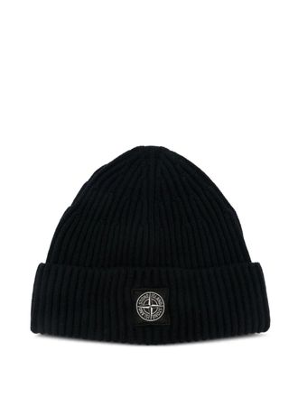 Stone Island ribbed logo-patch beanie hat - men - Wool - One Size - Blue