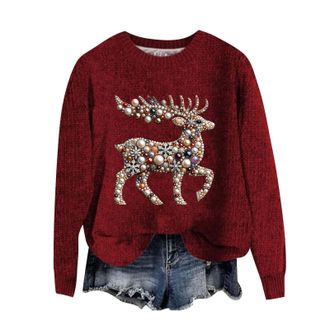 Generic Womens Pearl and Gem Reindeer Knitted Print Jumpers, Christmas Novelty Graphic Crewneck Chunky Sweatshirts for Women Fall Winter Plus Size Xmas Fashio