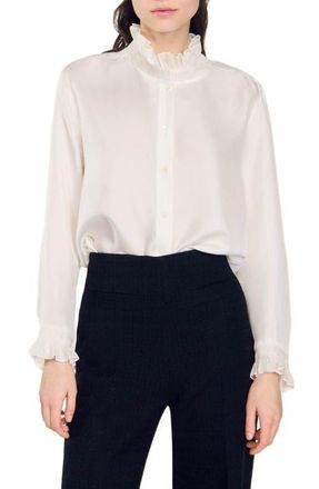 Sandro Silk shirt with gathered collar in Ecru at Nordstrom, Size X-Small