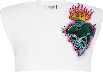 Philipp Plein Tops, Dames, Wit, XL, Katoen, Shoulder Pads Cropped Top Love Tattoo