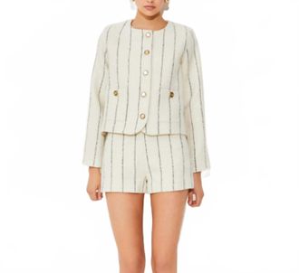 Suncoo Diane Collarless Striped Button Up Jacket In White And Black