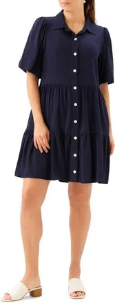 Karen Kane Tiered Puff Sleeve Shirtdress in Navy at Nordstrom, Size Medium