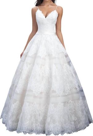 Allure Bridals Lace Ballgown With Sheer Chiffon Stripes In Champagne/ivory