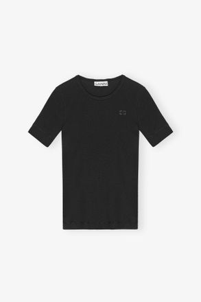 Ganni Black Soft Cotton Rib T-Shirt - Size XXS Organic