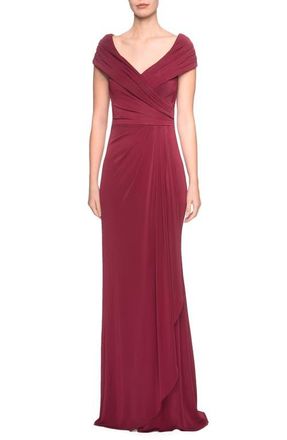 La Femme Ruched Jersey Long Gown with V-Neckline in Wine at Nordstrom, Size 20