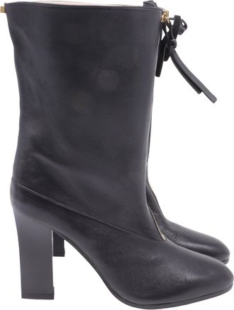 Stuart Weitzman Jett Front-Zipped Mid-Calf Boots in Black Leather